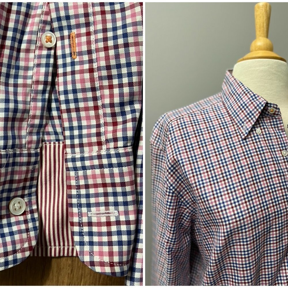 J. McLaughlin Pink Red Blue Plaid Button Down Shirt Sz  M